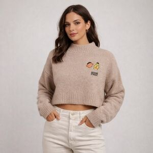 Women’s Cream Cropped Mock-Neck Sweater with Sesame Street Embroidery